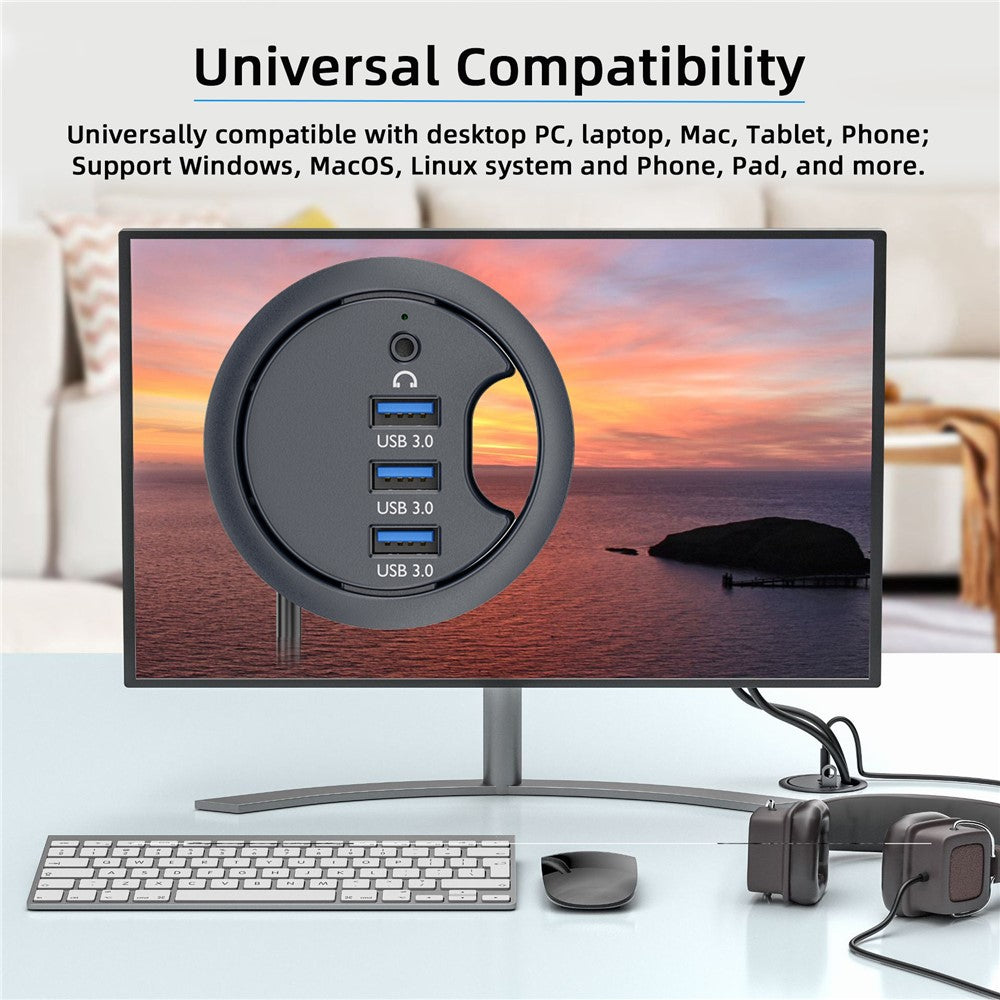 U3-095-HUB03 3X USB 3.0 Hub with Audio Port 60mm Desk Grommet Splitter Dock Station for Desktop PC Desk