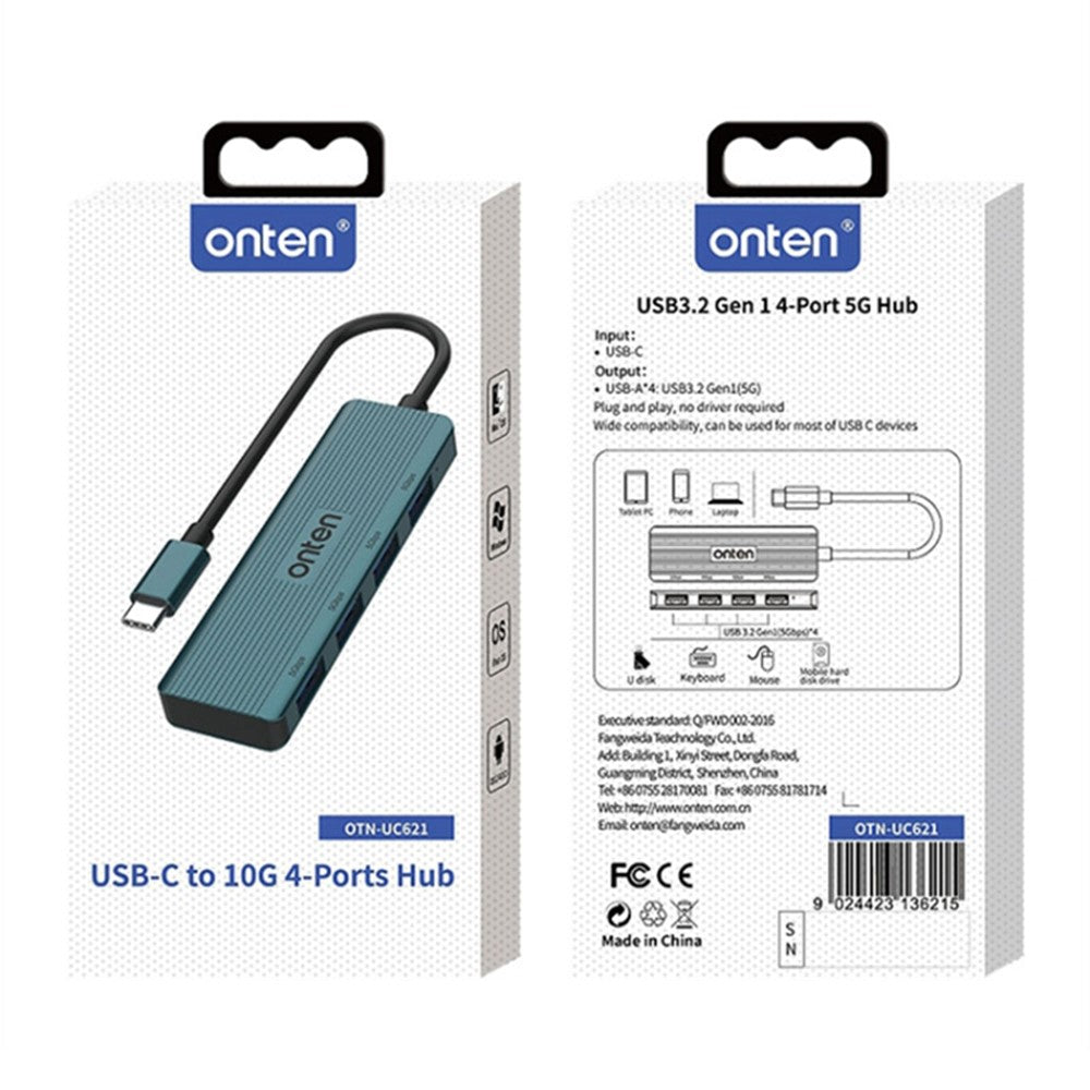 ONTEN UC621 15cm Cable Type-C to 4xUSB3.2 Gen1 Ports USB Hub Splitter Laptop Phone Adapter