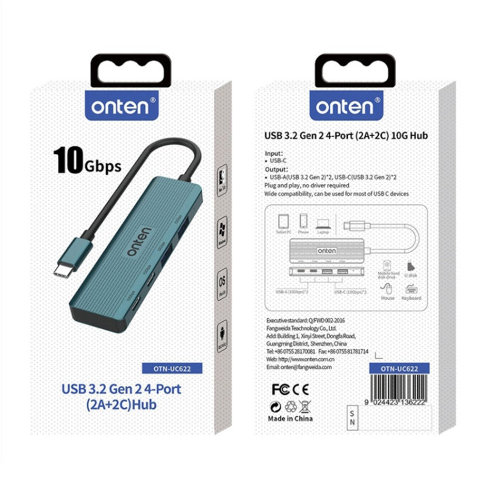ONTEN UC622 15cm Cable Type-C to 2USB+2Type-C Ports 10Gbps USB Hub Splitter Laptop Phone Adapter