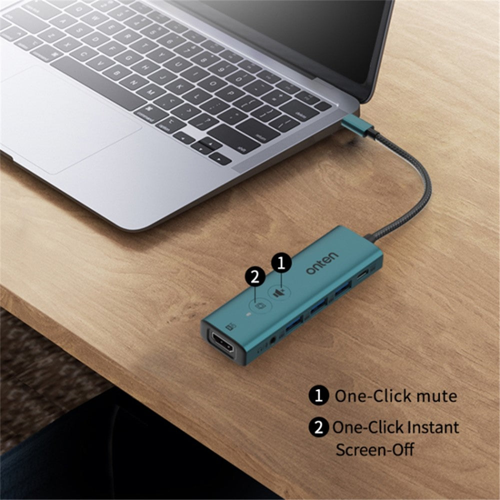 ONTEN UC123+ 15cm Cable Type-C to HD+3xUSB3.0+USB-C+3.5mm Ports USB Hub Adapter with Buttons