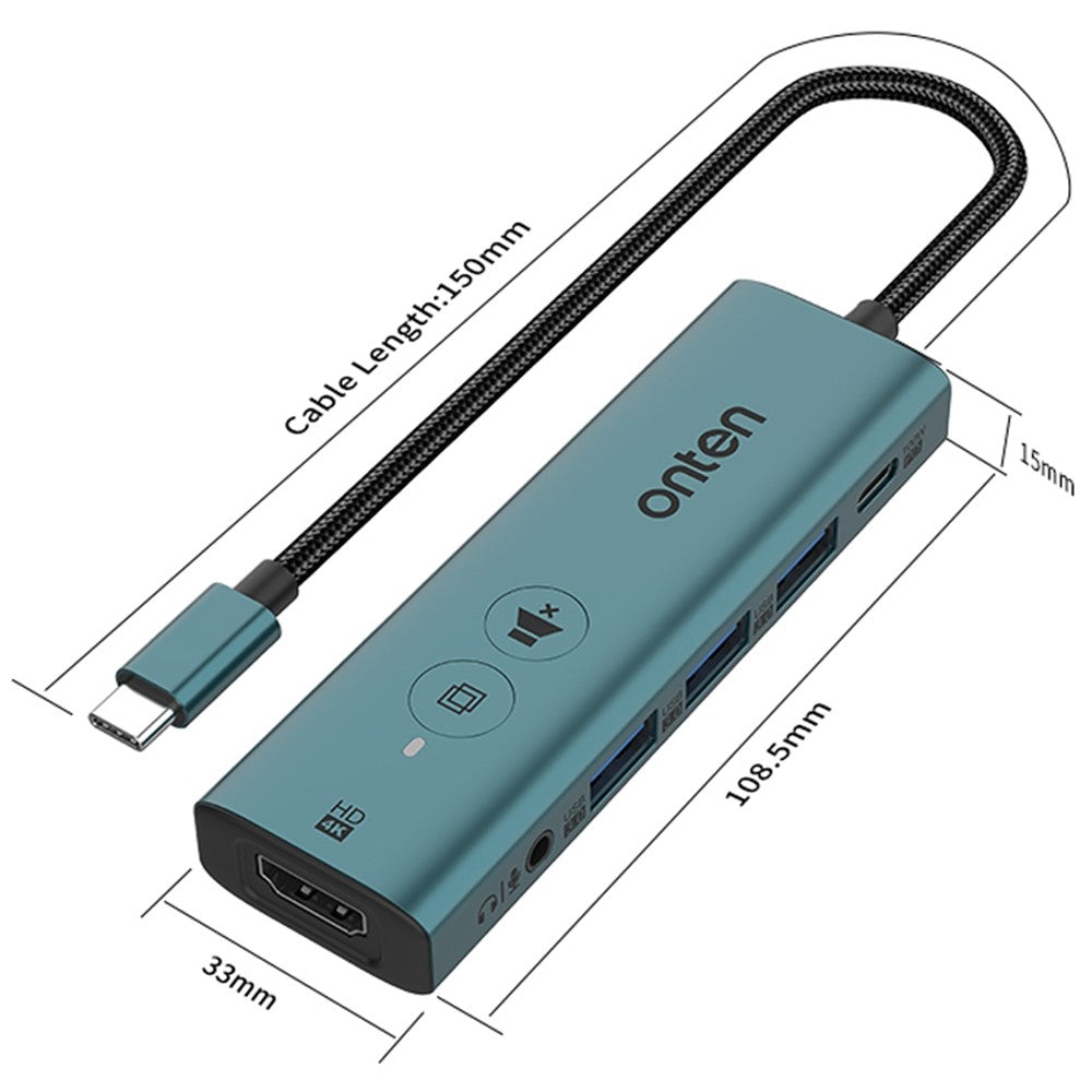 ONTEN UC123+ 15cm Cable Type-C to HD+3xUSB3.0+USB-C+3.5mm Ports USB Hub Adapter with Buttons