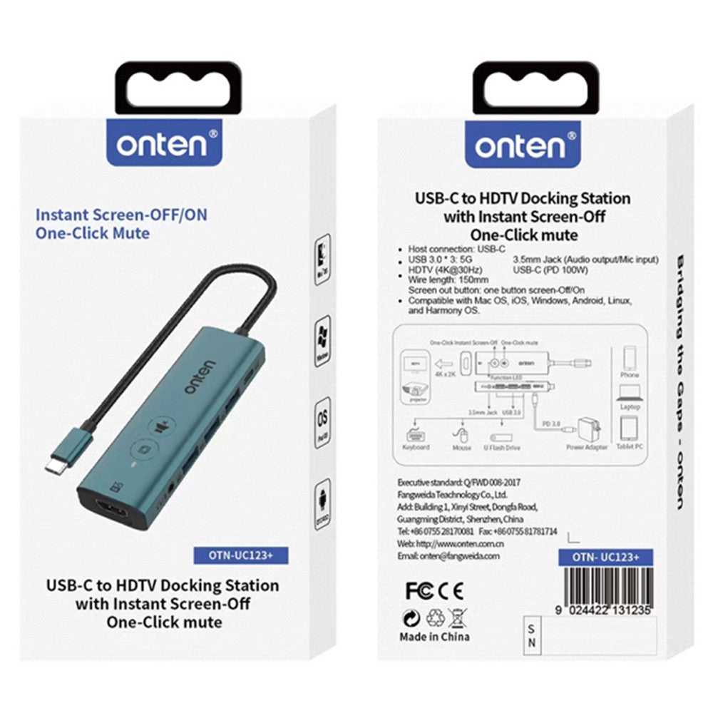 ONTEN UC123+ 15cm Cable Type-C to HD+3xUSB3.0+USB-C+3.5mm Ports USB Hub Adapter with Buttons