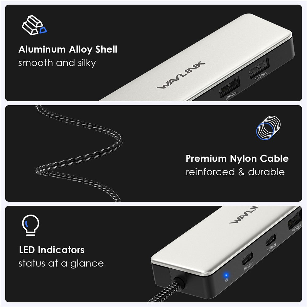 WAVLINK UH30420 Aluminum Alloy USB Hub 4-Port 10Gbps High Speed ??USB3.2 Gen2 Distributor