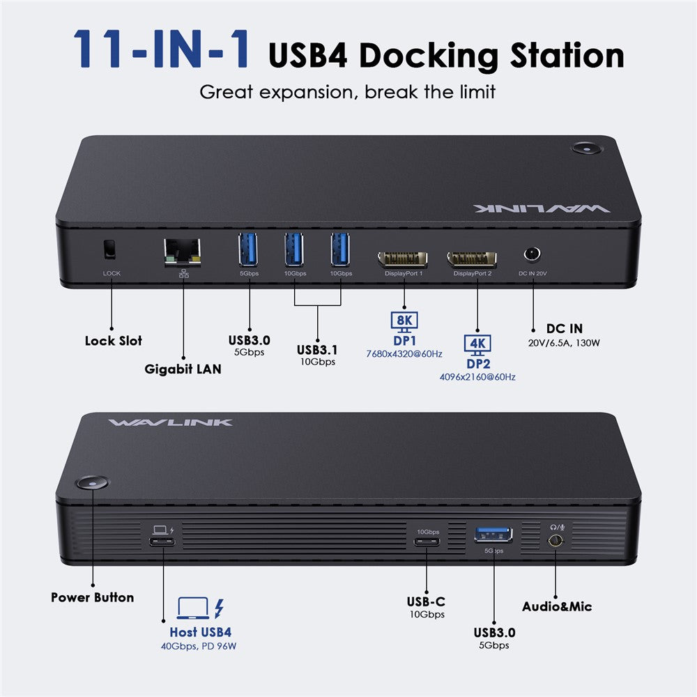 WAVLINK UTD22 USB4 Docking Station Dual Monitor USB-C Hub Support 96W Laptop Charging