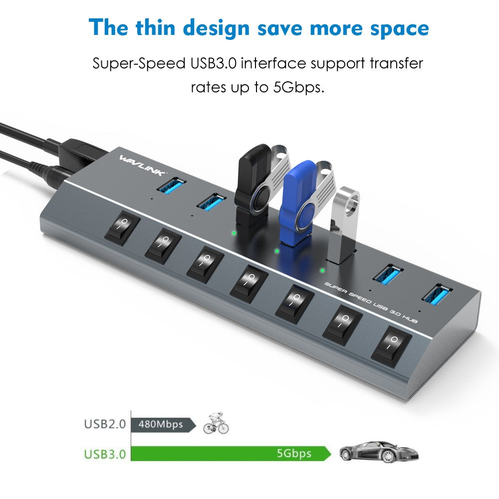 WAVLINK UH3076 5Gbps High Speed 7-port USB 3.0 Hub with Independent Switch and LED Indicator