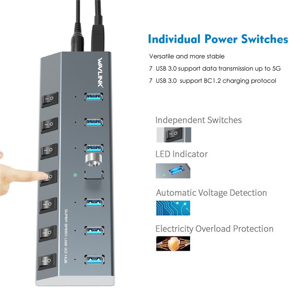 WAVLINK UH3076 5Gbps High Speed 7-port USB 3.0 Hub with Independent Switch and LED Indicator