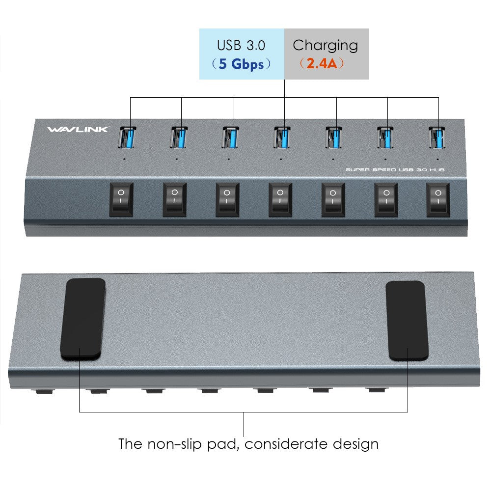 WAVLINK UH3076 5Gbps High Speed 7-port USB 3.0 Hub with Independent Switch and LED Indicator