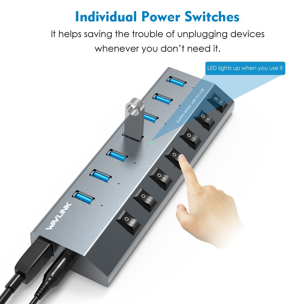 WAVLINK UH3076 5Gbps High Speed 7-port USB 3.0 Hub with Independent Switch and LED Indicator