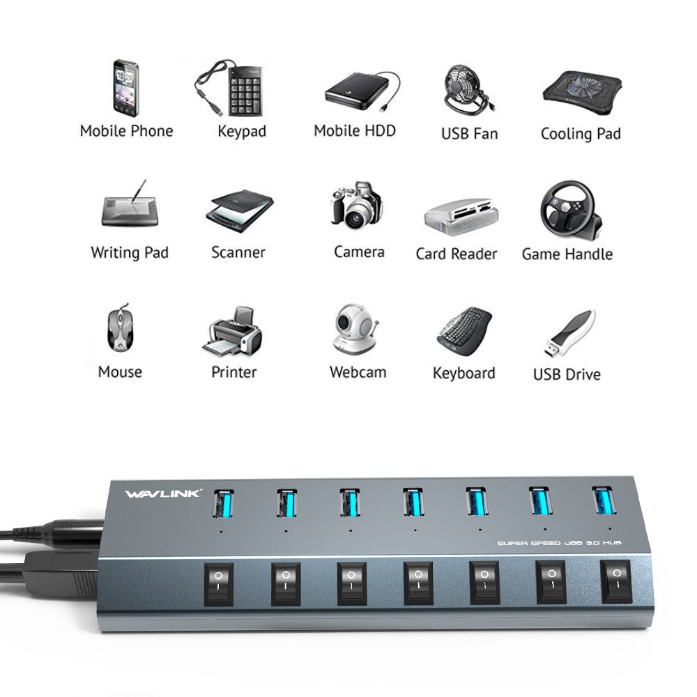 WAVLINK UH3076 5Gbps High Speed 7-port USB 3.0 Hub with Independent Switch and LED Indicator