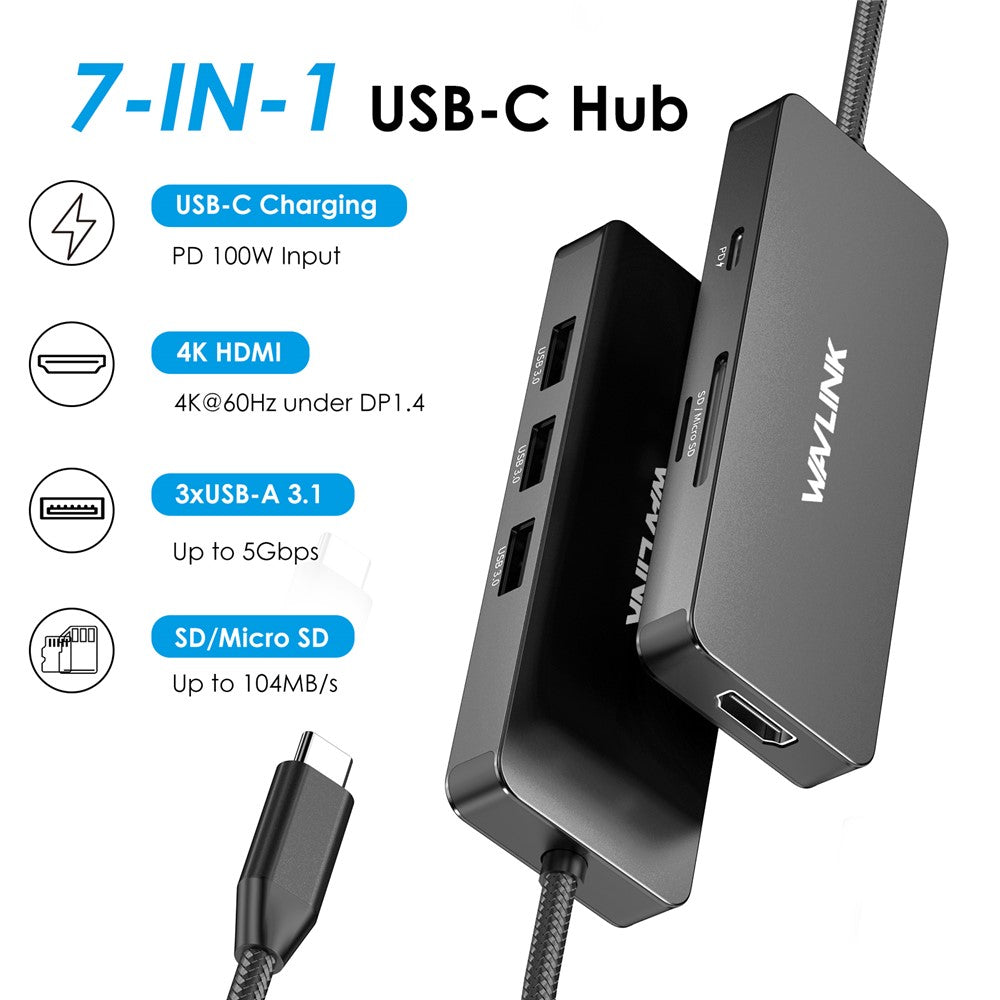 WAVLINK UHP3416 7-in-1 USB-C to 4K HD 100W PD Charging SD / TF Card Reader Docking Station