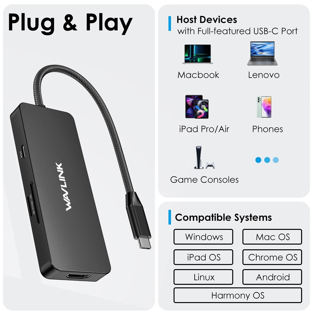 WAVLINK UHP3416 7-in-1 USB-C to 4K HD 100W PD Charging SD / TF Card Reader Docking Station