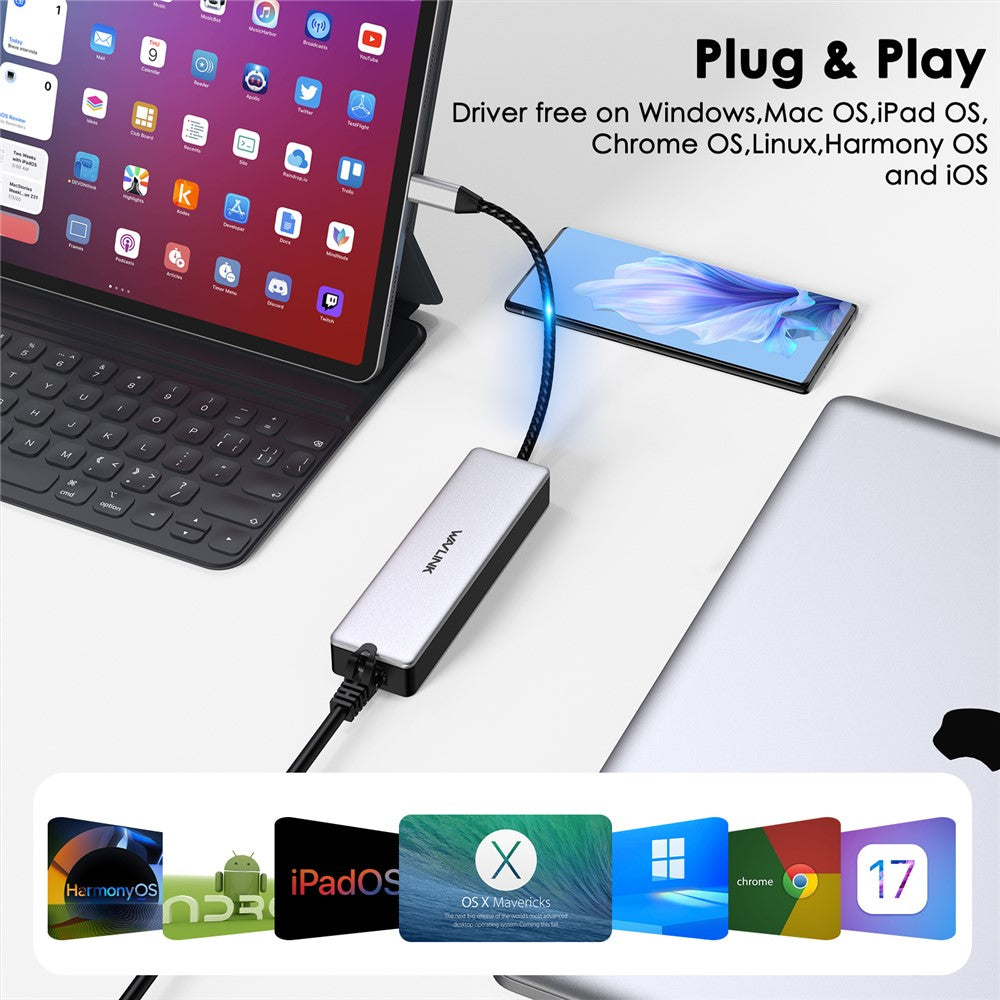 WAVLINK UH3032G 3-port USB C Hub with RJ45 Gigabit Ethernet Adapter for MacBook Pro / Chromebook