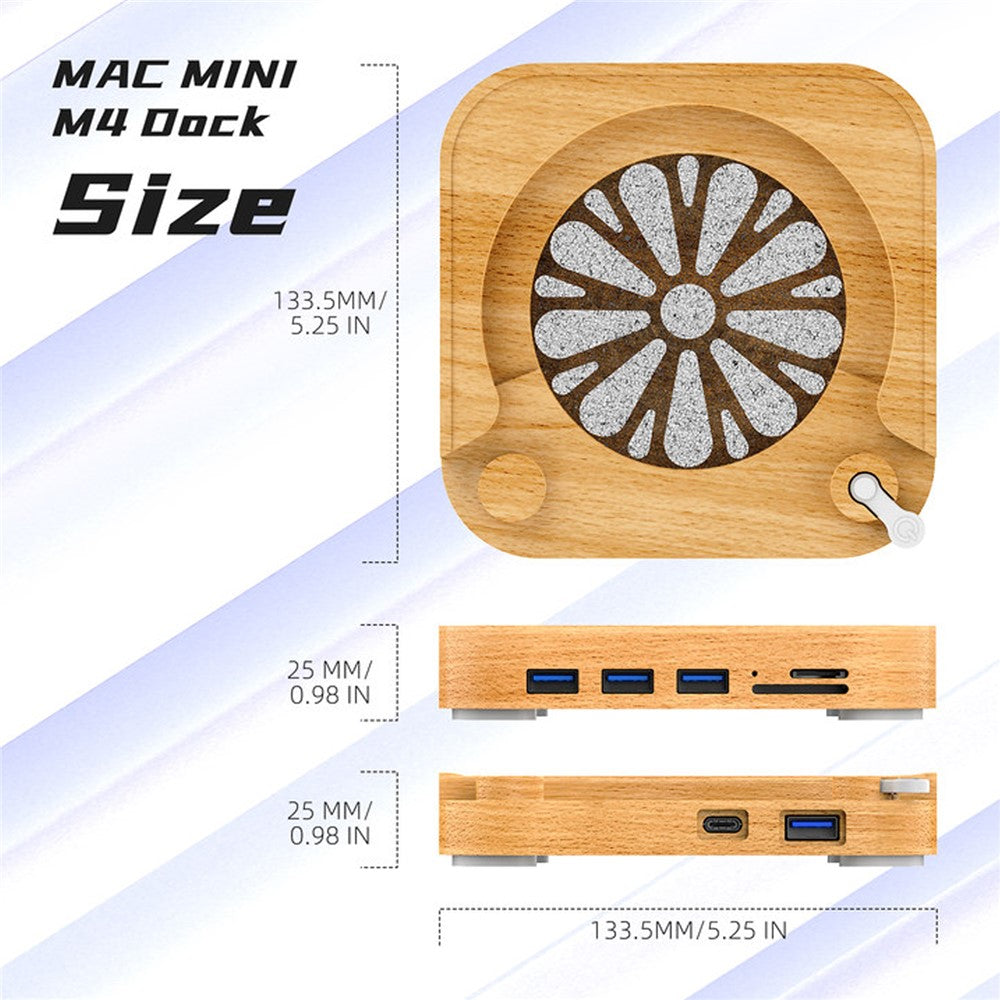 AJM4-FH For Mac Mini M4 / M4 Pro Wooden Expansion Dock USB 3.0 Hub TF / SD Card Reader Anti-Dust Stand