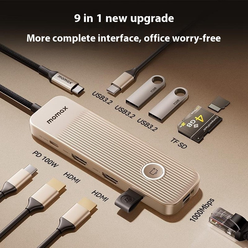 MOMAX Onelink 9 in 1 USB C Hub PD 100W 4K 60Hz Dual HD Ethernet Port SD TF Card Reader Adapter