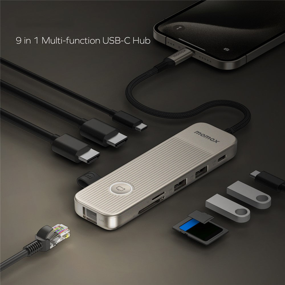 MOMAX Onelink 9 in 1 USB C Hub PD 100W 4K 60Hz Dual HD Ethernet Port SD TF Card Reader Adapter