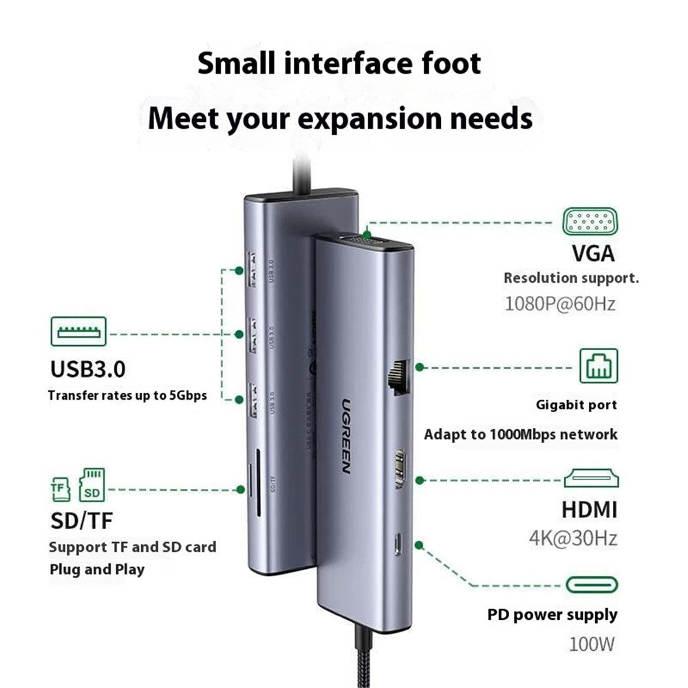 UGREEN 15600 9 in 1 USB-C Hub HD VGA USB-A Ethernet SD / TF PD Docking Station Adapter