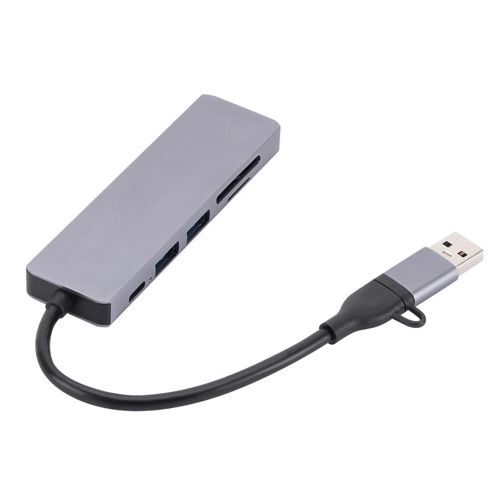 USB 2.0+Type C Hub Adapter High Speed Data Transmission 6-In-1 Computer Laptop Converter with 1xPD Port+3xUSB 3.0 Ports+2xCard Reader Slots