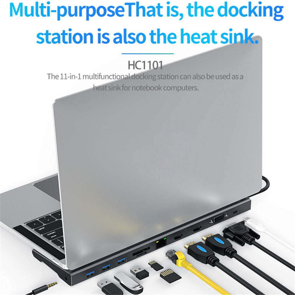 BLUEENDLESS HC1101 Type-C Aluminum Alloy Hub 11-in-1 Docking Station Splitter Dual HD Ports Expander Adapter