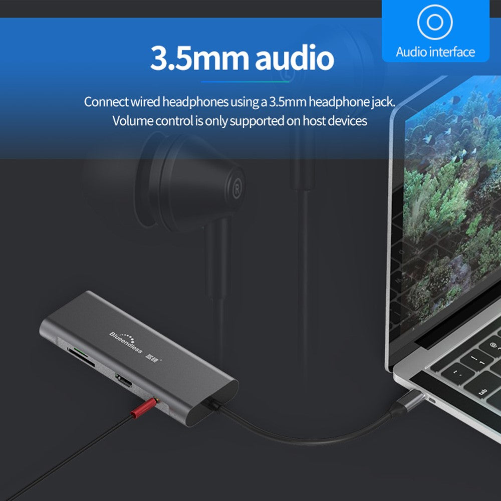 BLUEENDLESS HC901 Type-C Aluminum Alloy Hub 9-in-1 Docking Station Adapter with 100mm Extended Cable