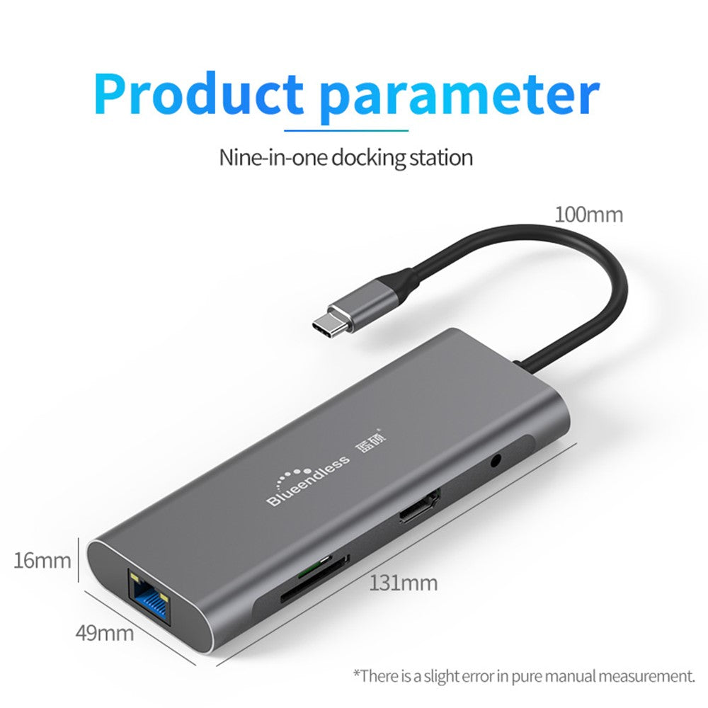 BLUEENDLESS HC901 Type-C Aluminum Alloy Hub 9-in-1 Docking Station Adapter with 100mm Extended Cable