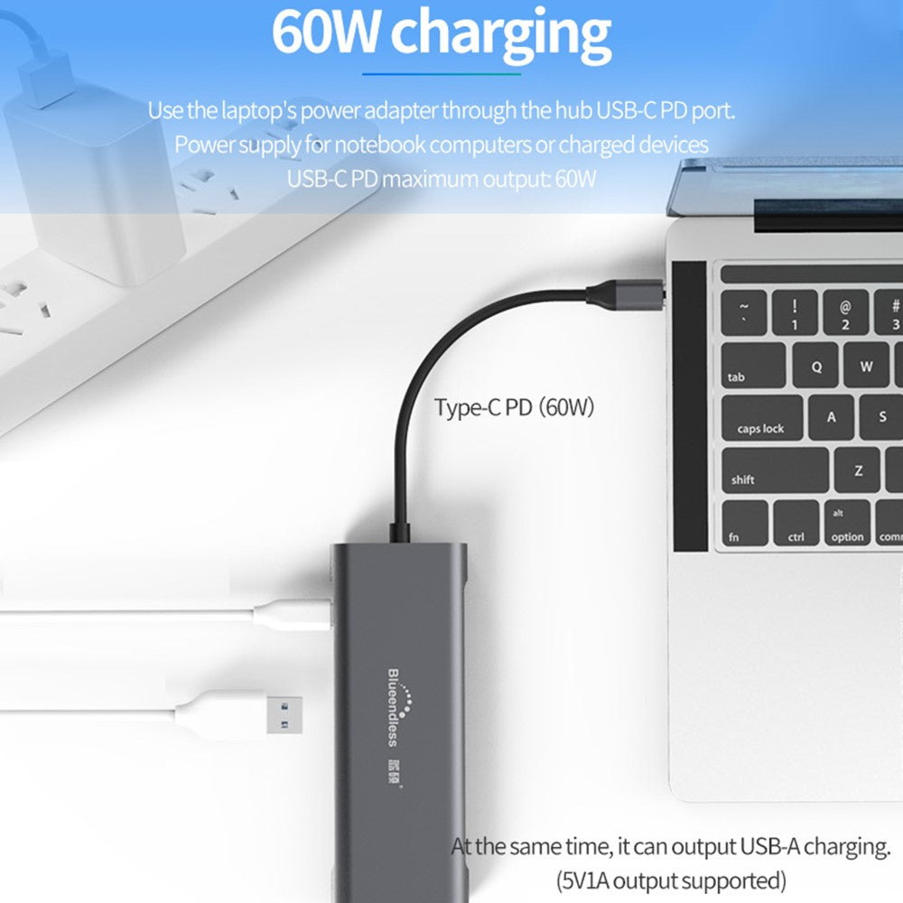 BLUEENDLESS HC901 Type-C Aluminum Alloy Hub 9-in-1 Docking Station Adapter with 100mm Extended Cable