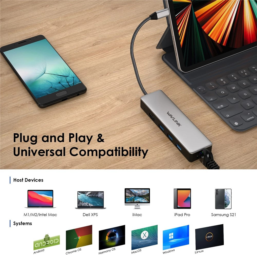 WAVLINK UHP3413 6-in-1 Hub Adapter USB-C Docking Station Support 4K / 100W for MacBook Pro / Air / Thunderbolt 3 / Type-C Devices
