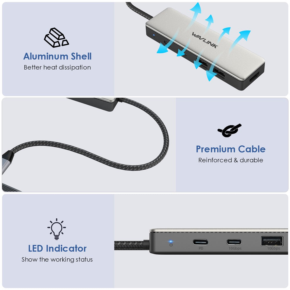 WAVLINK UHP3415 10Gbps Type-C Hub Adapter PD 100W Charging 4K HD Video Multi-Port Converter for MacBook