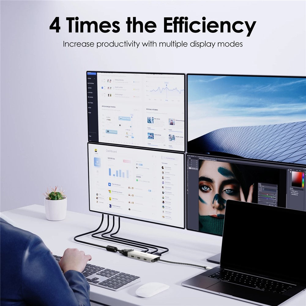 WAVLINK UMD304 7-in-1 Laptop Docking Station Converter USB-C to Dual HD 4K / 60Hz / VGA / 3 USB2.0 Hub Adapter