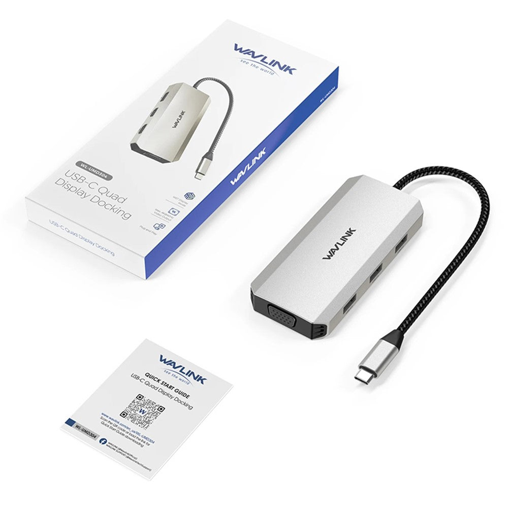 WAVLINK UMD304 7-in-1 Laptop Docking Station Converter USB-C to Dual HD 4K / 60Hz / VGA / 3 USB2.0 Hub Adapter