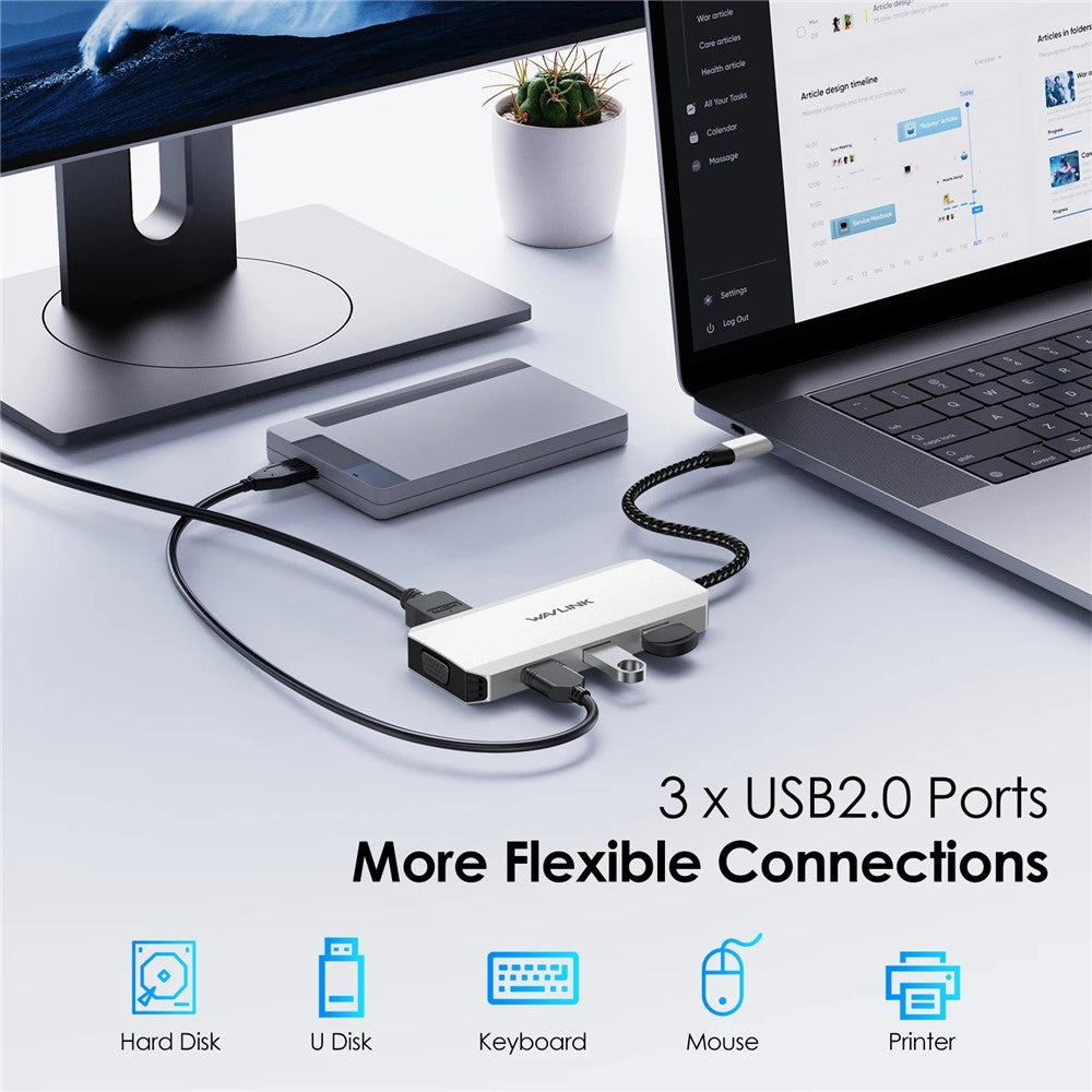WAVLINK UMD304 7-in-1 Laptop Docking Station Converter USB-C to Dual HD 4K / 60Hz / VGA / 3 USB2.0 Hub Adapter
