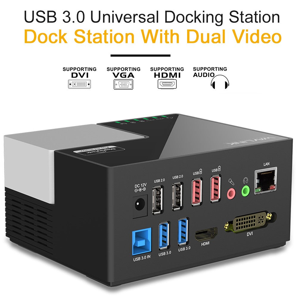 WAVLINK WL-UG39DK3 USB 3.0 Hub Fast Charging Gigabit Ethernet Dual Display Video Dock with DVI / HD
