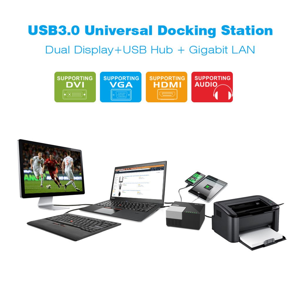 WAVLINK WL-UG39DK3 USB 3.0 Hub Fast Charging Gigabit Ethernet Dual Display Video Dock with DVI / HD