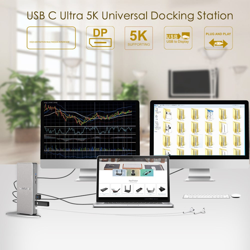 WAVLINK WL-UG69DK7 Type-C Universal Docking Station Desktop Laptops Aluminum Alloy Hub Adapter Support 4K / 5K
