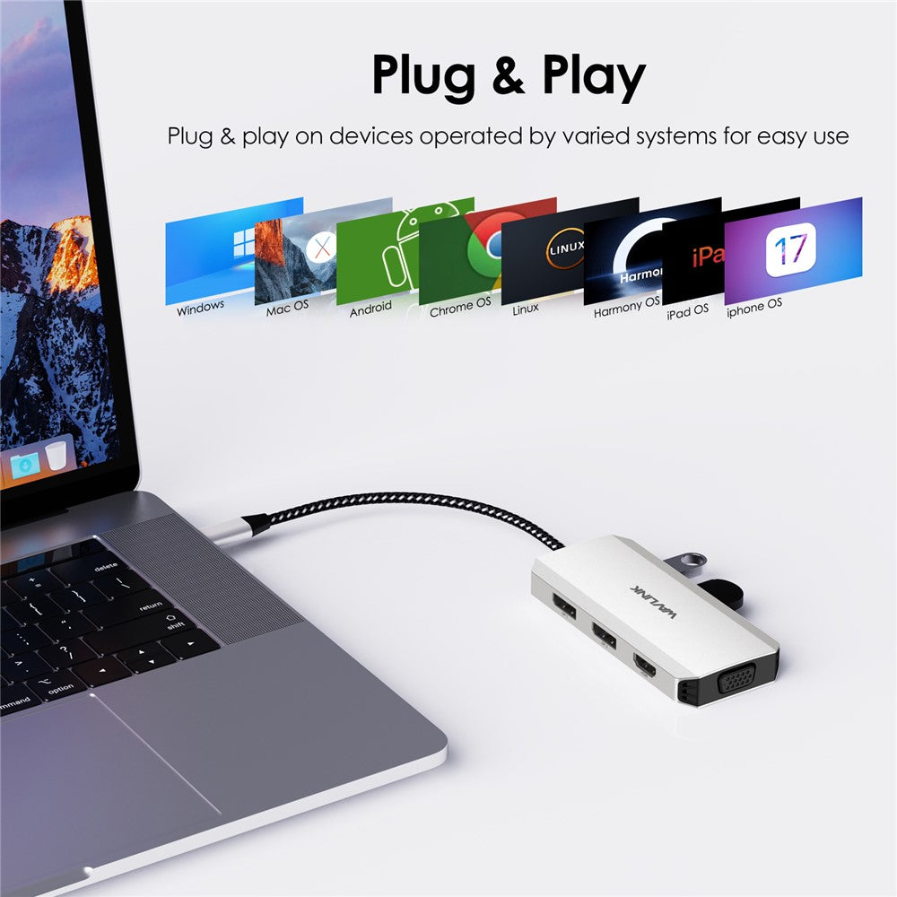 WAVLINK WL-UMD307 Hub Adapter Type-C to HD 4K@60Hz+VGA 1080P@60Hz+3xUSBA2.0+2xDP Docking Station