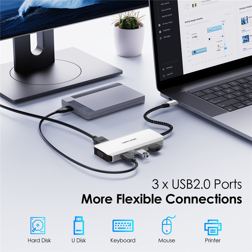 WAVLINK WL-UMD307 Hub Adapter Type-C to HD 4K@60Hz+VGA 1080P@60Hz+3xUSBA2.0+2xDP Docking Station