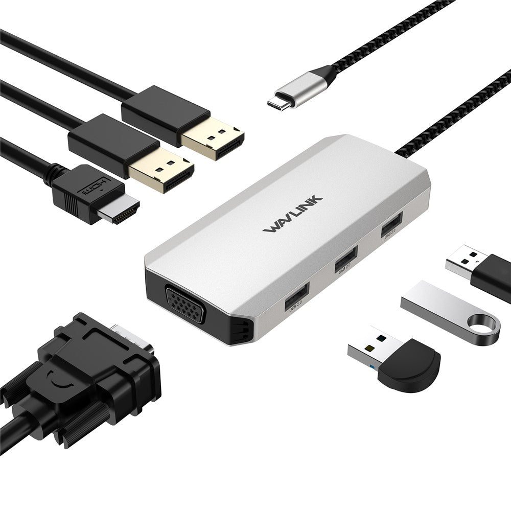 WAVLINK WL-UMD307 Hub Adapter Type-C to HD 4K@60Hz+VGA 1080P@60Hz+3xUSBA2.0+2xDP Docking Station