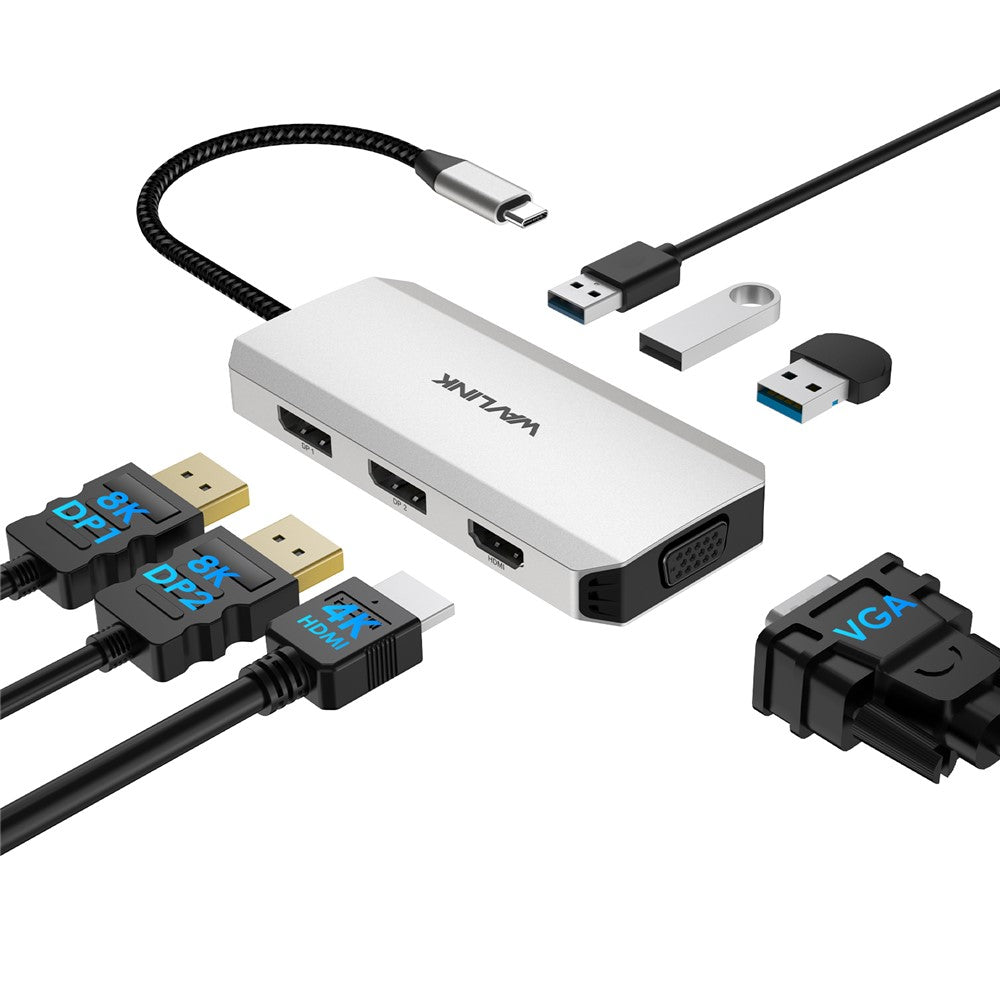 WAVLINK WL-UMD307 Hub Adapter Type-C to HD 4K@60Hz+VGA 1080P@60Hz+3xUSBA2.0+2xDP Docking Station