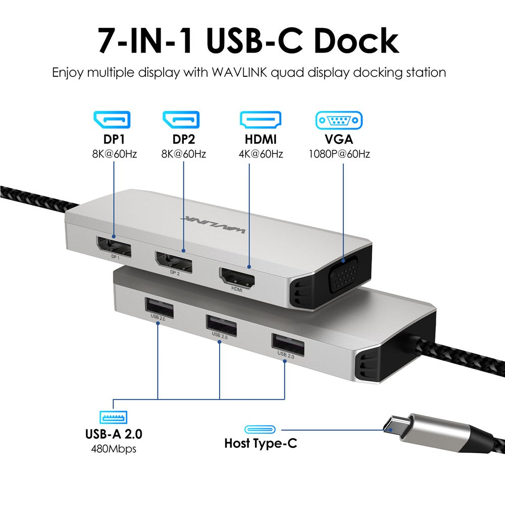 WAVLINK WL-UMD307 Hub Adapter Type-C to HD 4K@60Hz+VGA 1080P@60Hz+3xUSBA2.0+2xDP Docking Station