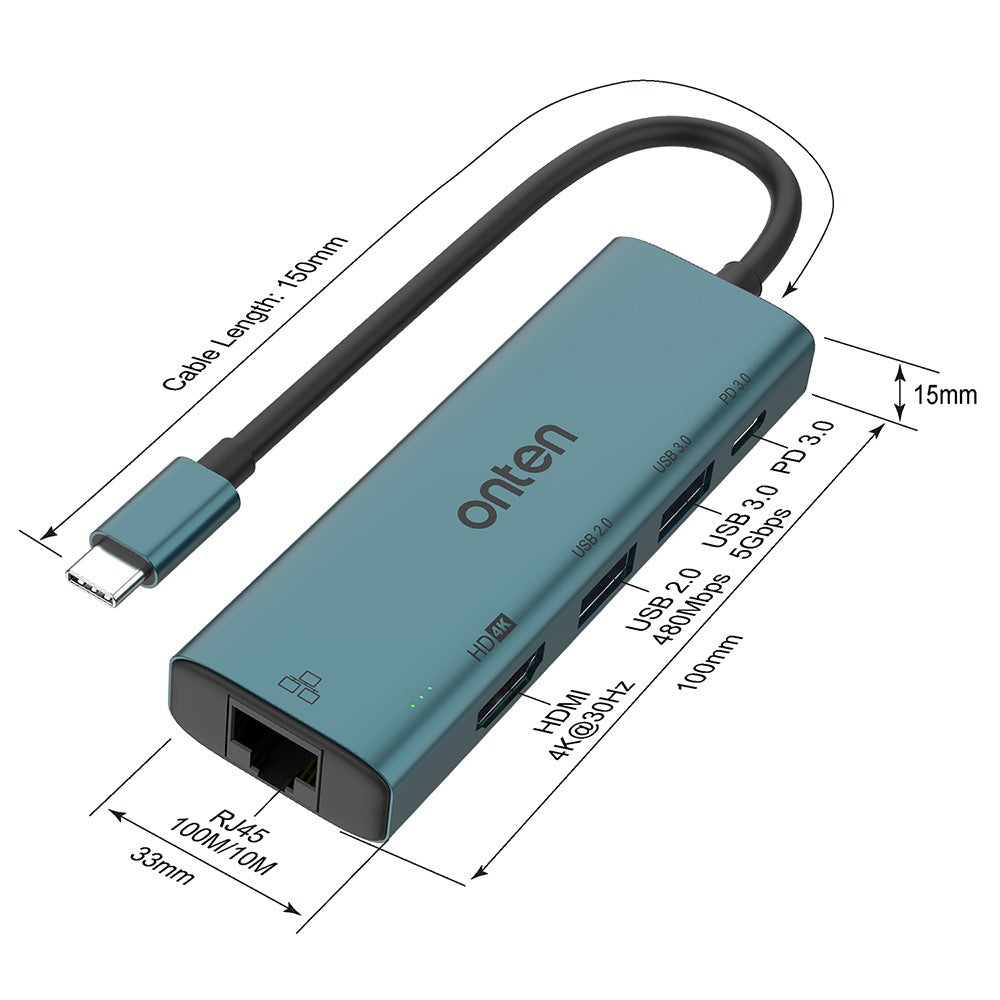 ONTEN UC122 5-in-1 USB-C Hub Multi-Port Adapter USB-C to USB3.0 +USB2.0 Card Slots Adapter