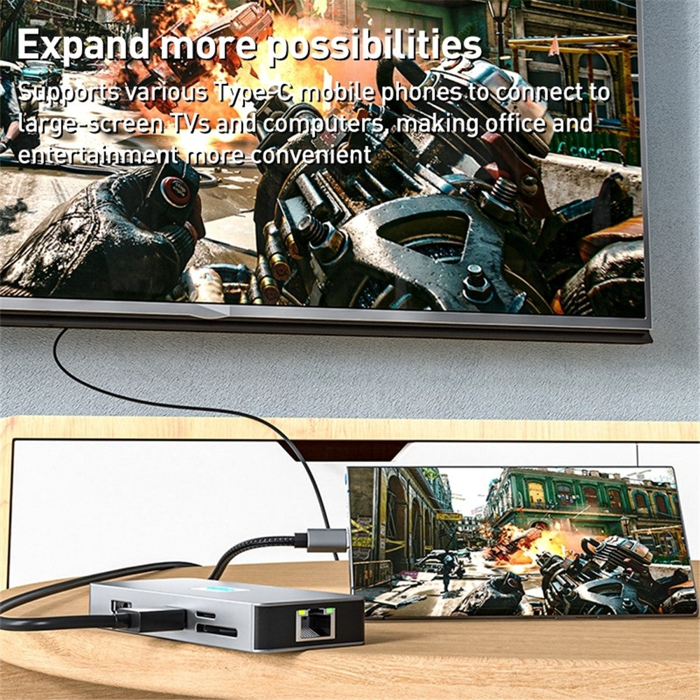 BYL-2315 10-in-1 Type-C Hub to PD 100W Charging RJ45 USB 3.0 USB-C HD 4K Video Output Card Reader