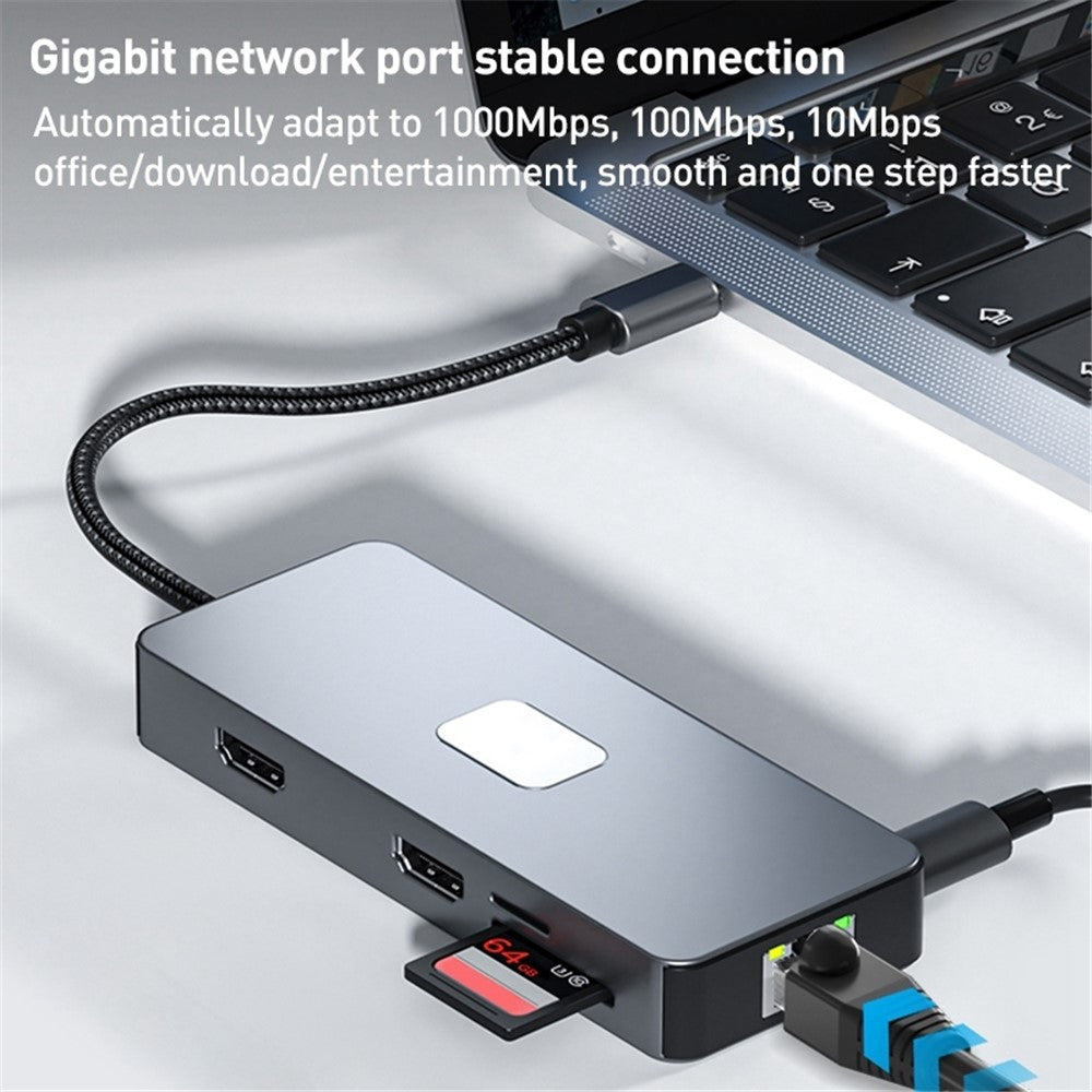 BYL-2315 10-in-1 Type-C Hub to PD 100W Charging RJ45 USB 3.0 USB-C HD 4K Video Output Card Reader