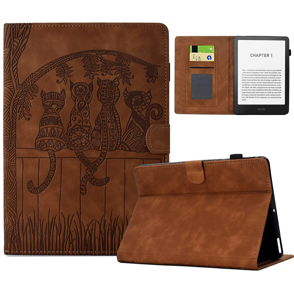 For Amazon Kindle Paperwhite (2024) Case Cats Imprinted PU Leather Card Slots E-Reader Cover