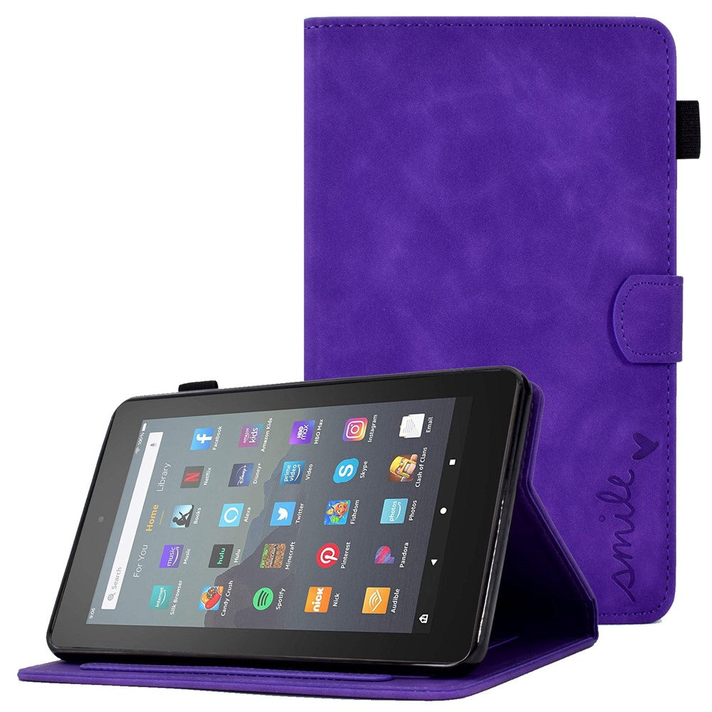 For Amazon Fire 7 (2015) / (2017) / (2019) Heart Shape Imprinted Full Protection Shell Solid Color PU Leather Stand Protective Case with Card Slots
