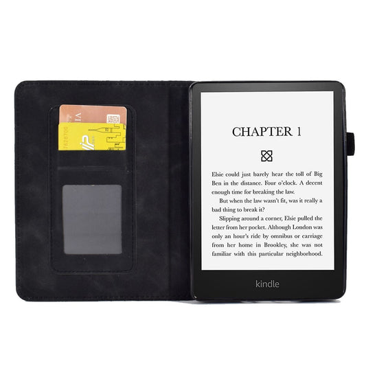 For Amazon Kindle Paperwhite 5 (2021) Anti-Drop Leather Case Auto Wake / Sleep Shockproof Cover Solid Color Pattern Imprinted Tablet Protector with Card Slots / Stand