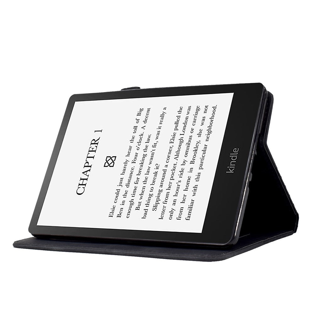For Amazon Kindle Paperwhite 5 (2021) Anti-Drop Leather Case Auto Wake / Sleep Shockproof Cover Solid Color Pattern Imprinted Tablet Protector with Card Slots / Stand