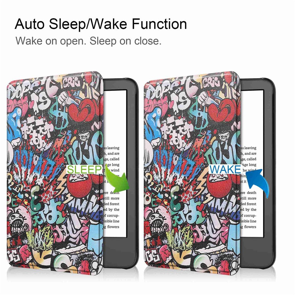 For Amazon Kindle 6" (2022) PU Leather + PC Protective Case Pattern Printing Auto Sleep / Wake E-Reader Cover