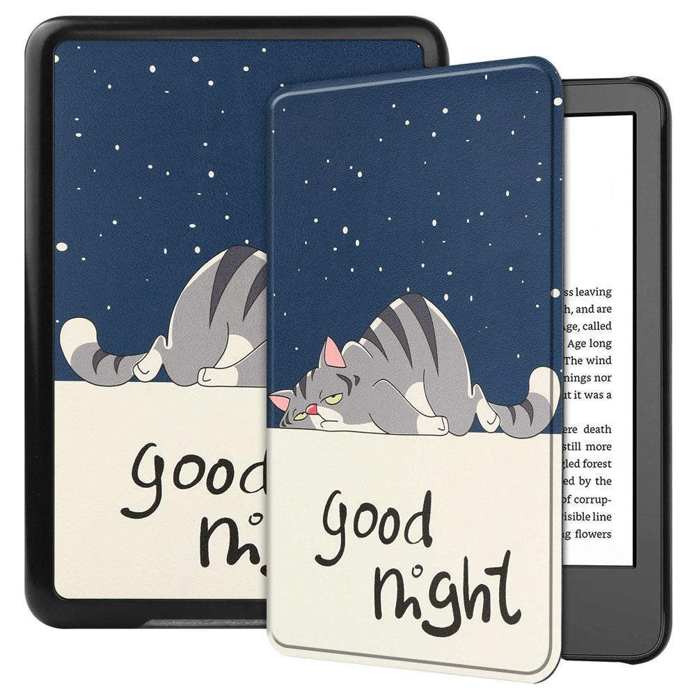 For Amazon Kindle 6" (2022) PU Leather + PC Protective Case Pattern Printing Auto Sleep / Wake E-Reader Cover