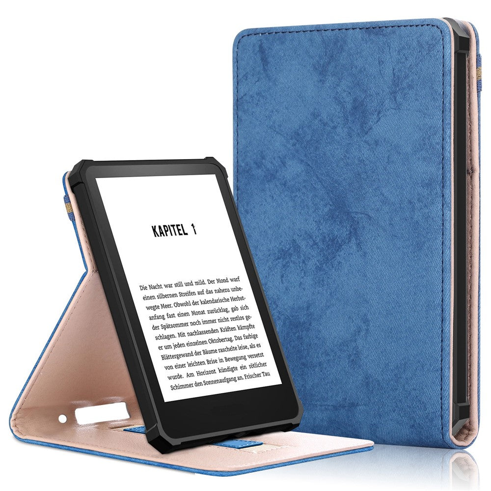 For Amazon Kindle 6" (2022) Adjustable Stand Stitching PU Leather + TPU Case Solid Color E-Reader Cover with Inner Hand Strap
