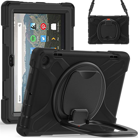 For Amazon Fire HD 8 (2022) / HD 8 (2024) PC + Silicone Tablet Case Drop-Proof Back Cover Rotary Kickstand with Shoulder Strap