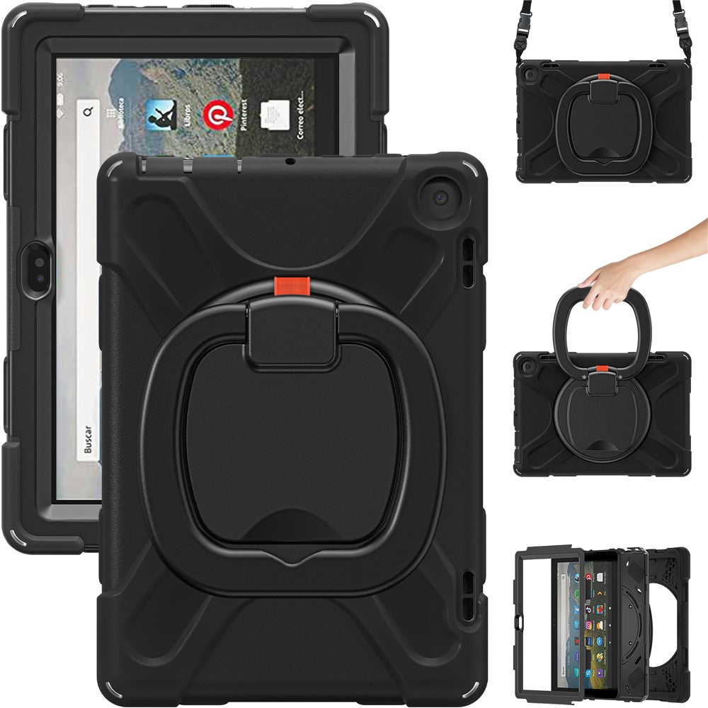For Amazon Fire HD 8 (2022) / HD 8 (2024) PC + Silicone Tablet Case Drop-Proof Back Cover Rotary Kickstand with Shoulder Strap